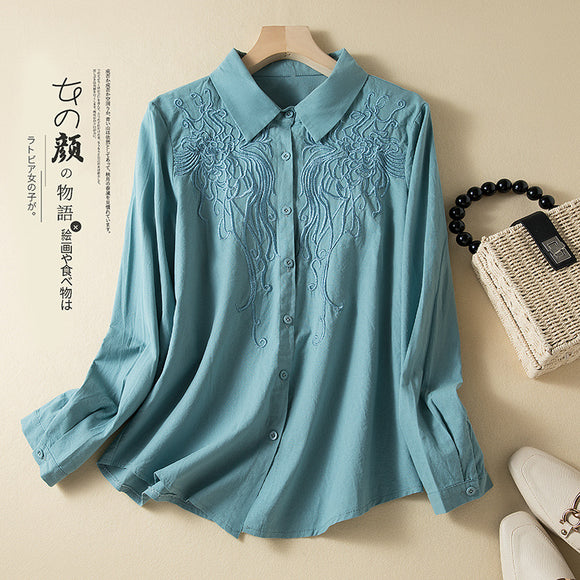 棉麻刺繡長袖襯衫上衣春秋文藝大尺碼亞麻內搭上衣女