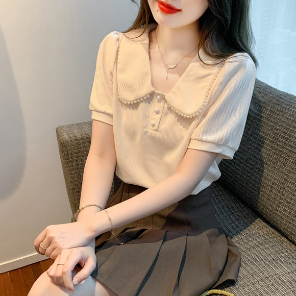 2023夏季重工T恤polo簡約大氣短袖上衣女韓版套頭