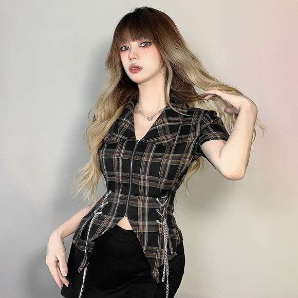 SylCue復古港風格子短袖襯衫女修身性感顯瘦翻領短款上衣氣質夏季