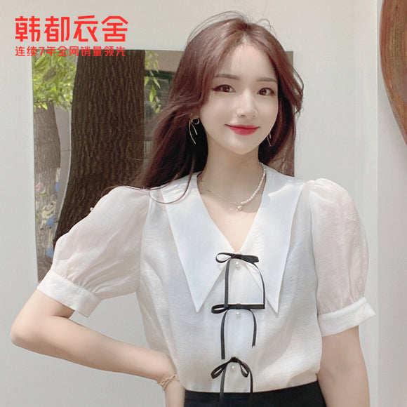 韓版蝴蝶結小尖領白色襯衫
