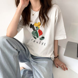 春夏女裝新款韓版純棉寬鬆短袖彩色卡通小熊印花短袖T恤女夏