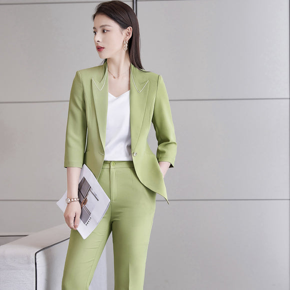 牛油果綠色七分袖西裝外套女2022春季新款修身顯瘦西裝職業套裝