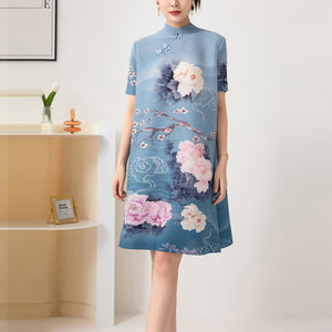 夏季褶皺印花洋裝時尚氣質顯瘦寬鬆立領盤釦短袖中長裙