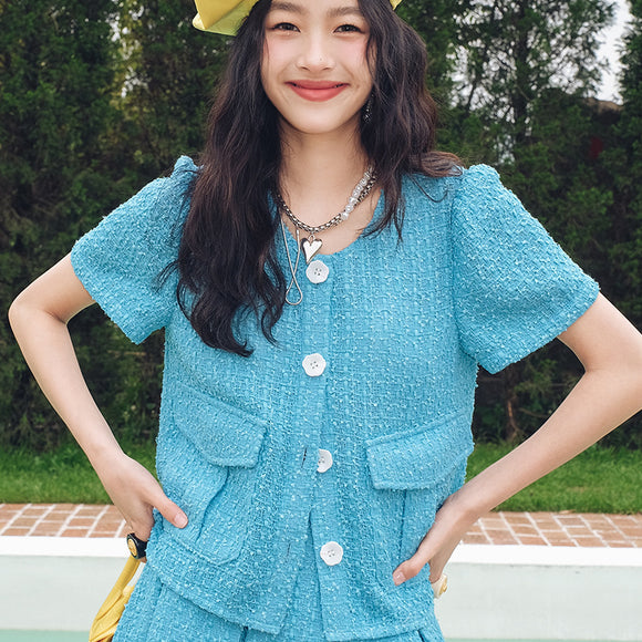 S1315顯瘦小香法式復古單排扣襯衫外套圓領氣質內搭上衣女短袖設計感
