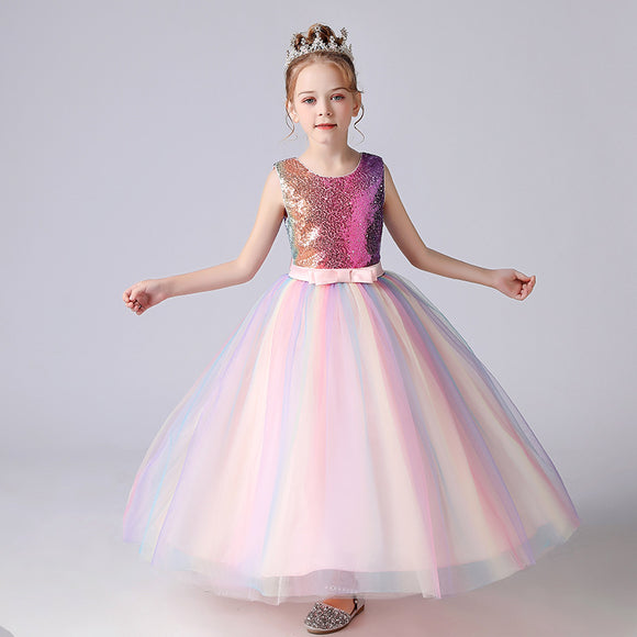 夏季韓式公主女孩禮服長款女童禮服裙兒童洋裝表演服