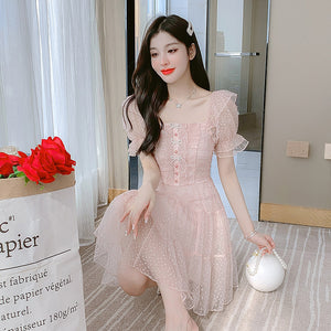 刺繡蕾絲洋裝2022年夏季新款粉色甜美網紗拼接公主風短裙