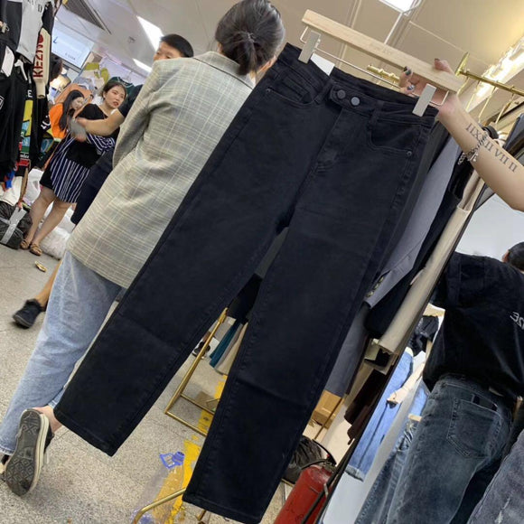 煙管褲女春秋2022年新款大尺碼黑色高腰牛仔褲大尺碼顯瘦直筒九分褲