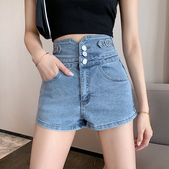 牛仔短褲女夏季新款韓版時尚歐美三扣高腰拼接修身顯瘦寬褲
