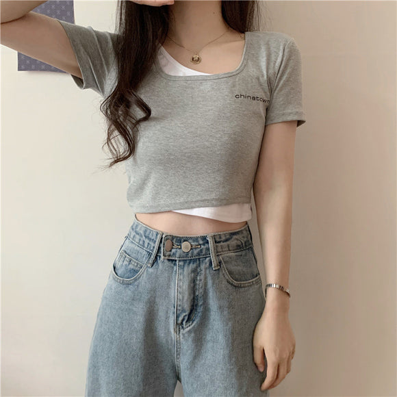 假兩件短袖T恤女夏季新款設計感韓版甜酷高腰短款上衣ig潮