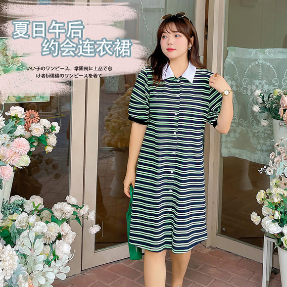 夏季新款大尺碼女裝大尺碼韓版polo領條紋顯瘦洋裝260616