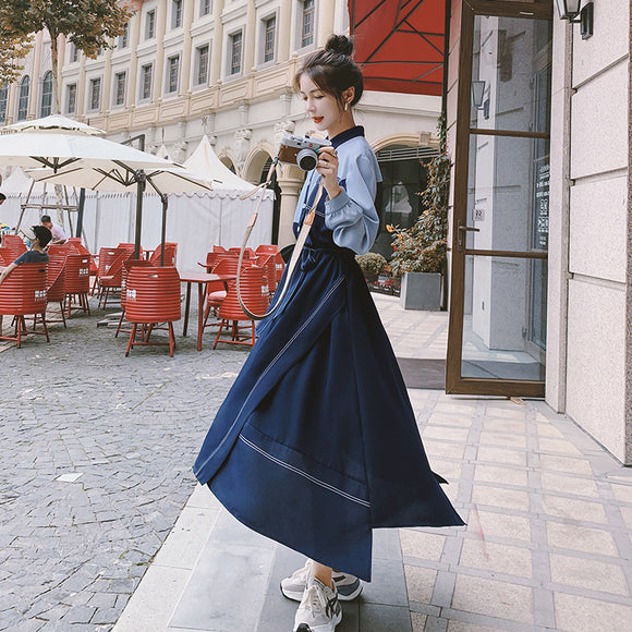 洋裝秋季女裝設計感拼接長款襯衫裙法式復古赫本風長裙