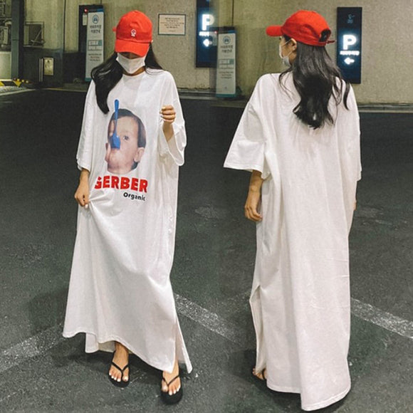 夏新款/大尺碼寬鬆藝術印花過膝長款T恤女洋裝