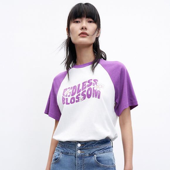 2022春夏新品女裝美式復古風印花撞色插肩袖T恤衫WL14R4MN2001