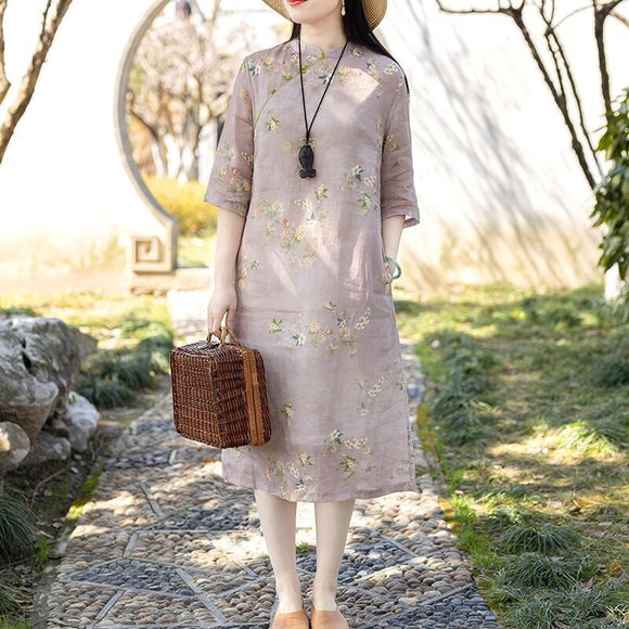 2023年夏季大尺碼苧麻復古旗袍改良女文藝氣質棉麻立領洋裝女