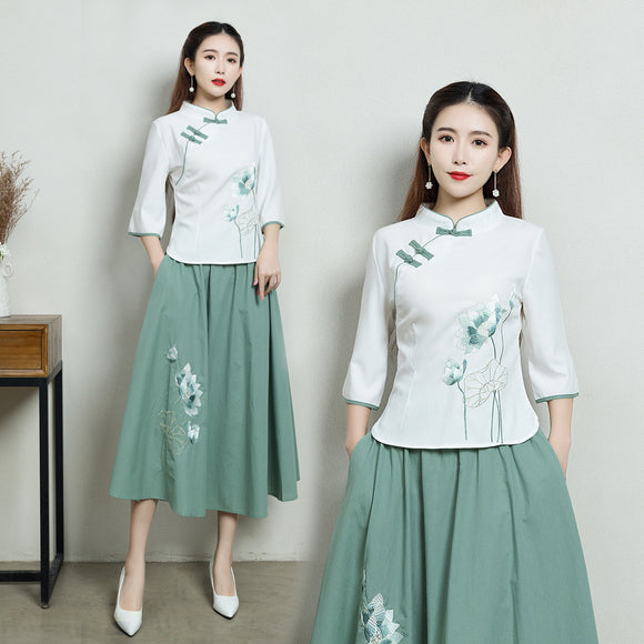 春夏民族風棉麻刺繡荷花中國風唐旗袍修身復古文藝茶服上衣