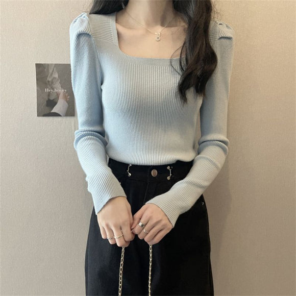 泡泡袖毛衣女早秋2023方領針織內搭上衣設計感小眾方領上衣in