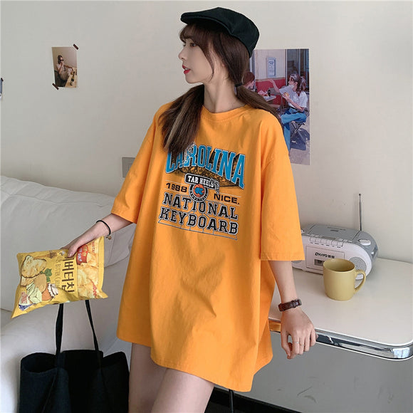 2022夏季新款韓版字母印花BF風寬鬆顯瘦短袖T恤女中長款套頭上衣
