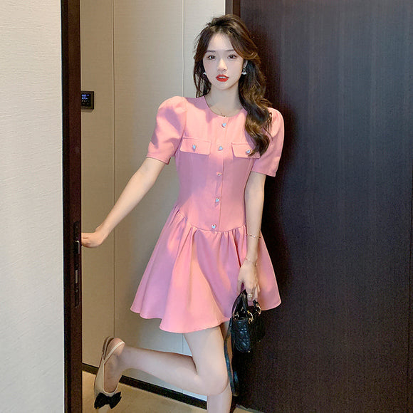 小香風洋裝女春夏名媛風收腰顯瘦愛心大擺歐美短袖裙子