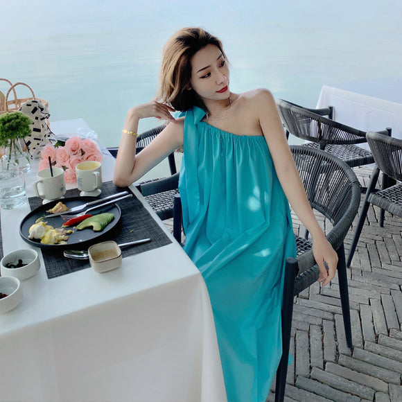 洋裝春款不規則單肩吊帶直筒長裙甜美仙女裙