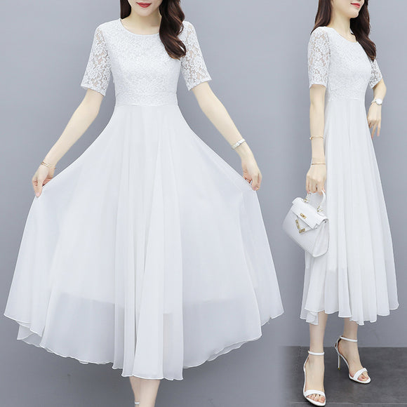 白色蕾絲拼接洋裝女夏季短袖氣質圓領顯瘦雪紡A字裙