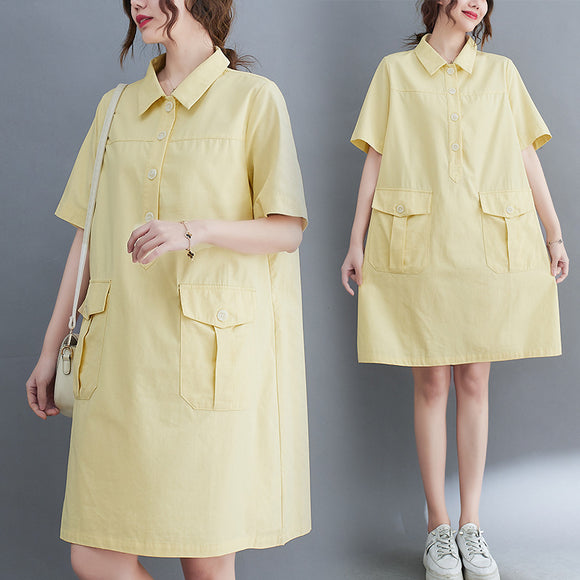 2022夏季新款大尺碼工裝短袖法式襯衫設計感小眾氣質歐美減齡洋裝