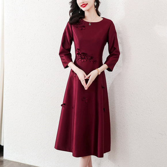喜婆婆婚宴裝酒紅色禮服裙2023秋季時尚復古優雅修身洋裝