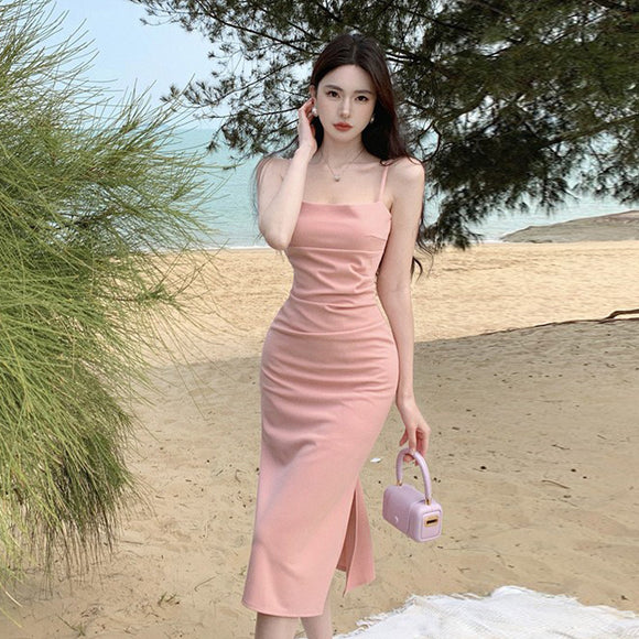 純欲小個子粉色吊帶洋裝長短款收腰子氣質高級性感包臀短裙