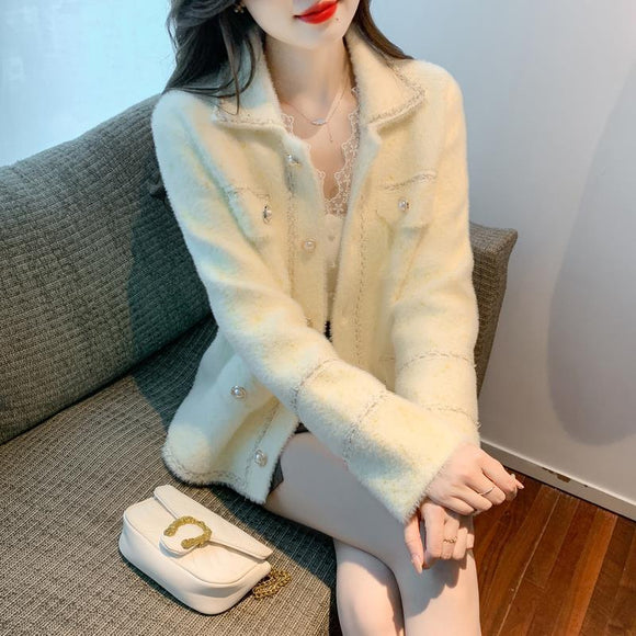 2023春小香風外套女重工亮片氣質法式名媛仿貂絨上衣