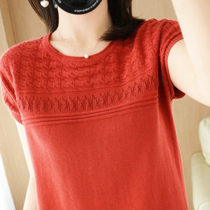 2022夏女式針織短袖 韓版圓領棉鏤空T恤純色寬鬆上衣
