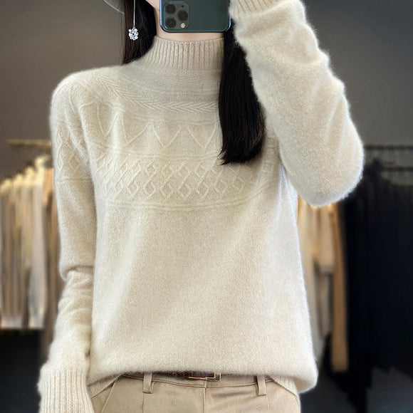 100%羊毛衫女士半高領純色絞花寬鬆秋冬針織羊絨內搭上衣