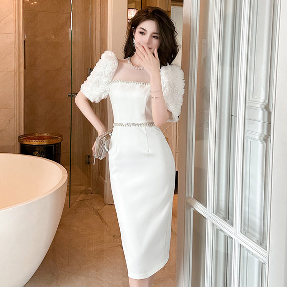 禮服裙2024夏季名媛設計感圓領釘珠白色修身長款洋裝50106