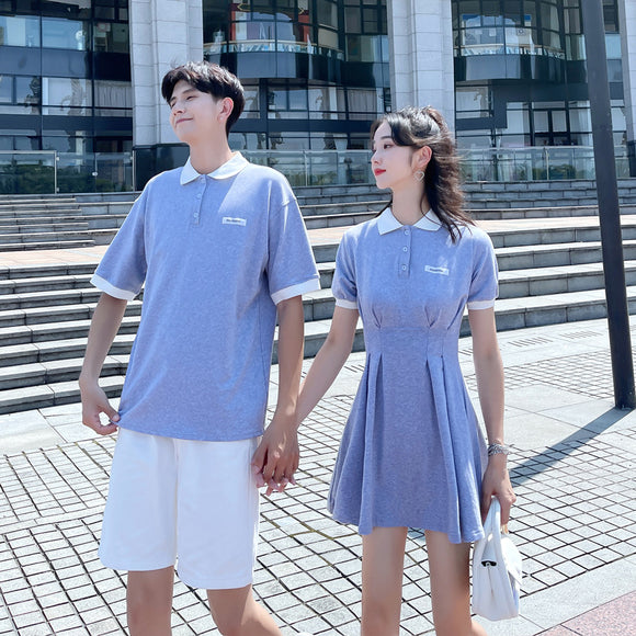 情侶裝翻領收腰短袖洋裝男短袖T恤衫
