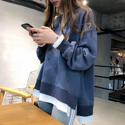 韓版刷毛假兩件中長款棉質上衣