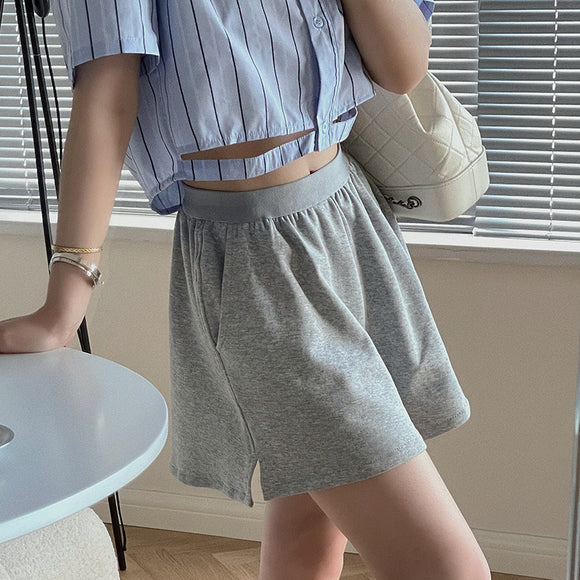 倉古木2022夏季新品女裝純色鬆緊腰顯瘦短褲休閒寬鬆學生褲子3983