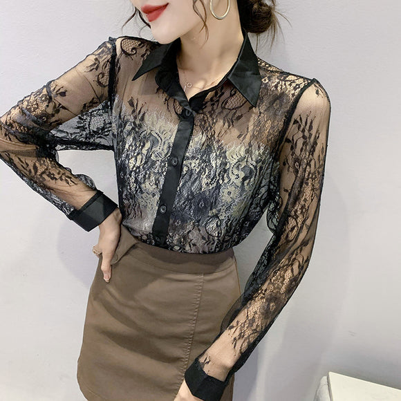歐風2023秋時尚輕透鏤空花蕾絲性感網紗長袖襯衫女上衣內搭上衣