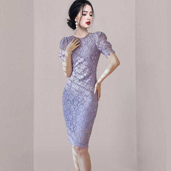 名媛風性感蕾絲洋裝2023優雅泡泡袖淑女紫色修身中長裙