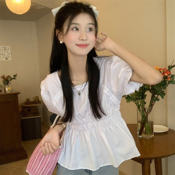 白色泡泡袖甜美上衣女2022夏季新款方領設計感小眾好搭襯衫女