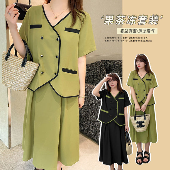 A468微胖大尺碼韓版常規OL通勤撞色兩件式套裝大尺碼夏季氣質套裝