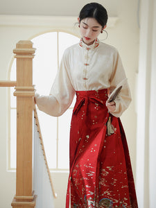 復古新中式國風漢服女落英繽紛緞面提花織金紅色明制馬面裙套裝