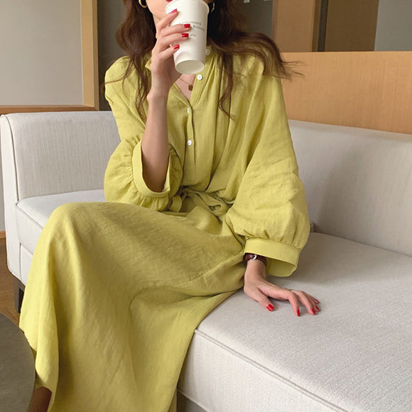 PXT2022春款新款寬鬆慵懶風棉麻襯衫洋裝女中長款休閒裙子