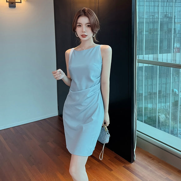 藍色洋裝夏季高級感修身2023設計感小眾法式無袖短款吊帶裙