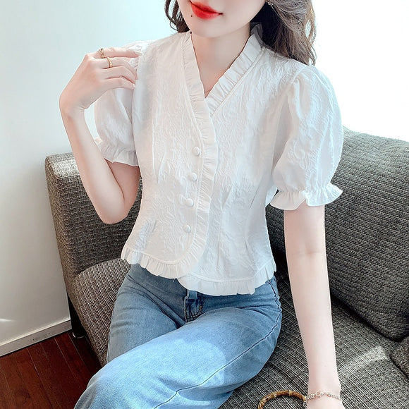 甜美設計感泡泡袖襯衫女夏季法式別致小眾不規則白色上衣