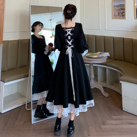 2022早春新款女炸街蝴蝶結收腰蕾絲泡泡袖洋裝禮服公主裙
