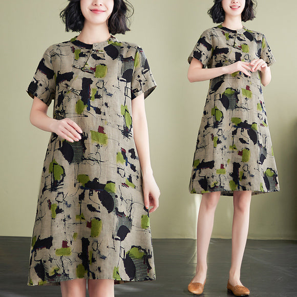 夏季新款大尺碼民族風棉麻寬鬆顯瘦文藝改良短袖旗袍