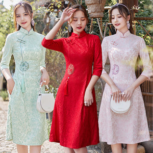 2023蕾絲中長款七分袖日常旗袍改良年輕款中國風洋裝