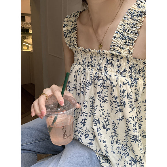 寬鬆短款無袖別緻碎花吊帶背心