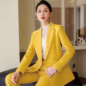 2023秋冬OL套裝女士中長款黃色西裝套裝今年流行喇叭褲套裝