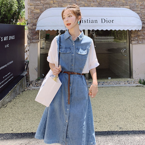 韓版寬鬆小個子牛仔洋裝女夏法式拼接收腰顯瘦襯衫裙子