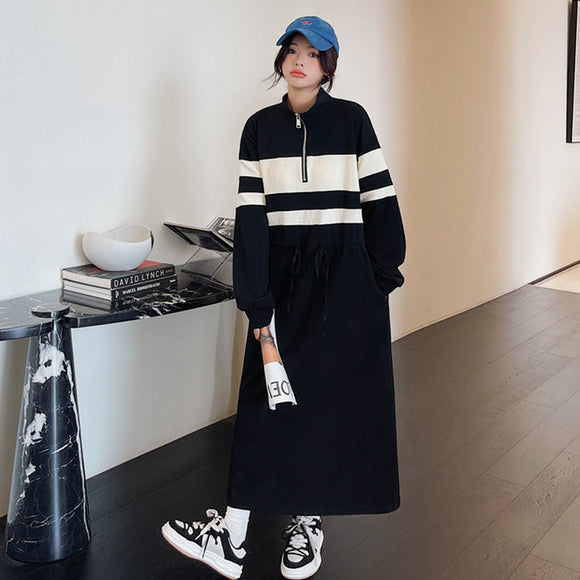 寬鬆長袖洋裝2022秋季韓版寬鬆大尺碼撞色中長款polo領過膝裙子