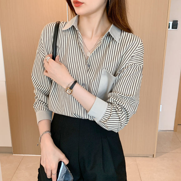 歐美休閒2022秋季新款女裝翻領條紋襯衫上衣開衫內搭上衣內搭上衣